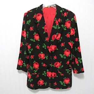 VTG Black Velvet Jacket with Red Roses, Made by Hand, Size M